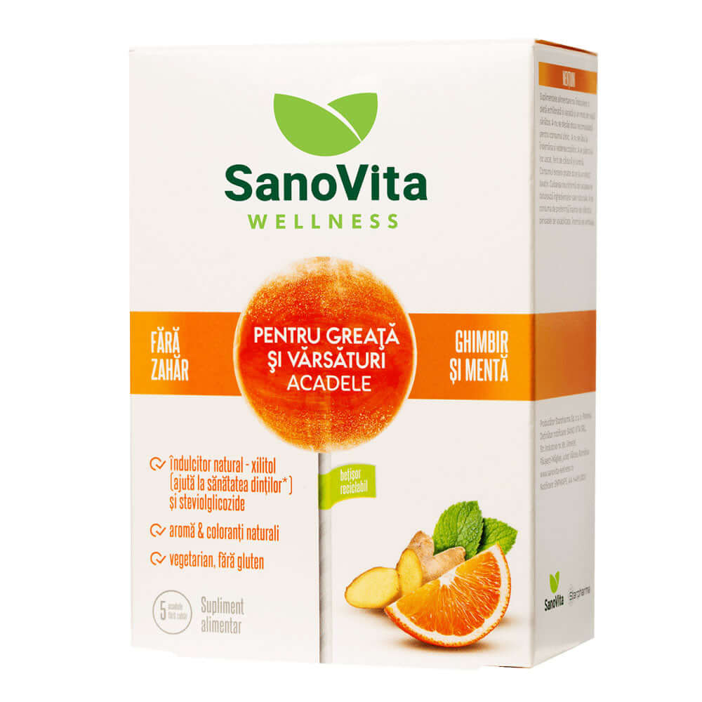 Acadele pentru greata si varsaturi fara zahar SanoVita Wellness, 5 buc, naturale