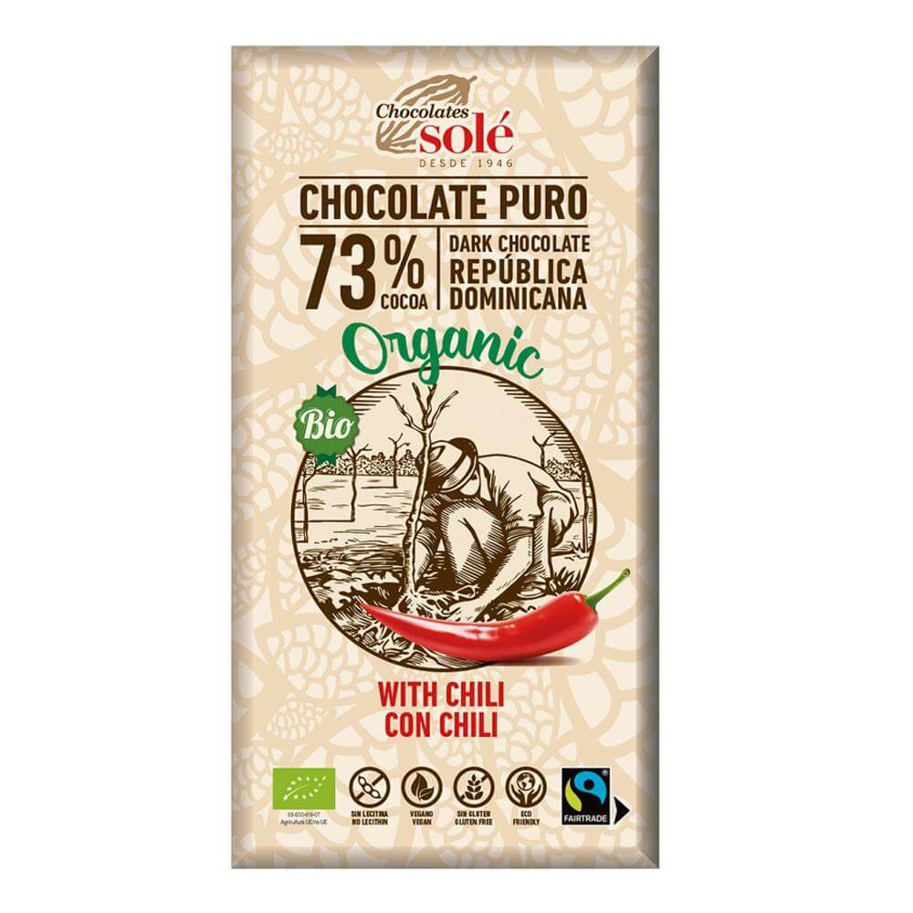 Ciocolata neagra cu chili si 73% cacao Chocolates Sole, bio, 100g