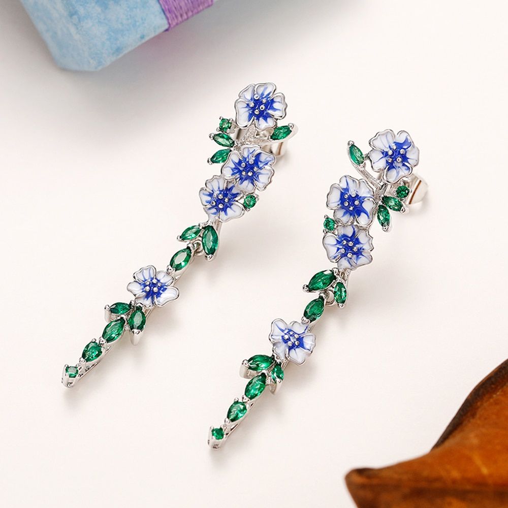 Image of BLUE FLOWER CHAIN EARRINGS (PAIR)