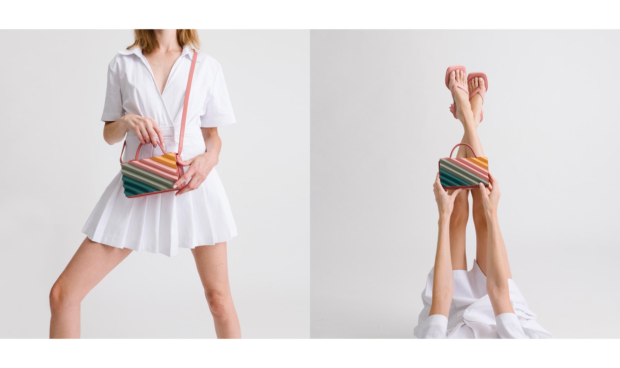 Woman wearing a white dress holding a multicolored handbag 