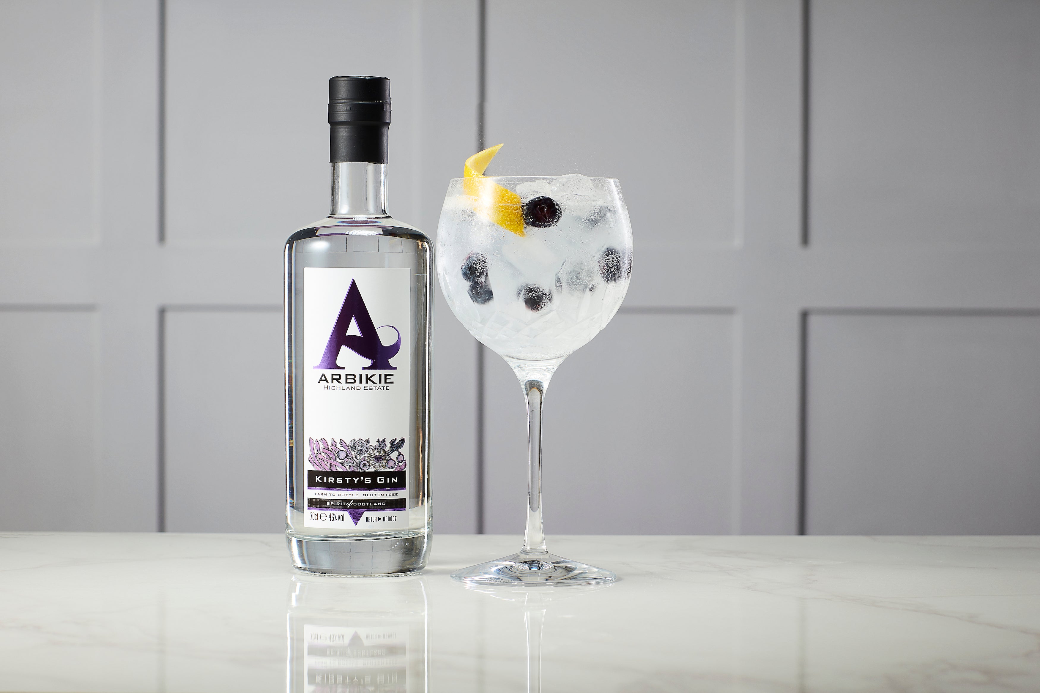 Arbikie kirsty's gin 70cl bottle with gin and tonic