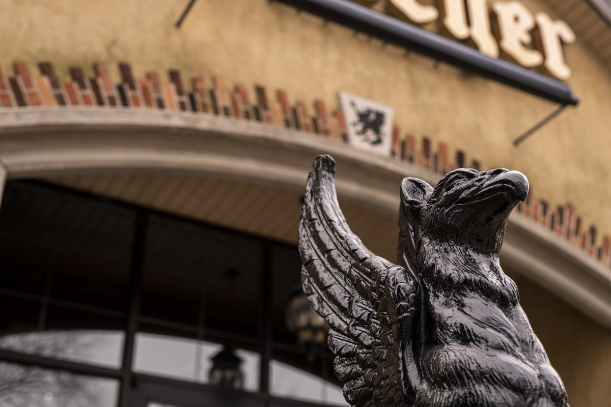 Griffin in front of the new Sprecher Building in Glendale, WI