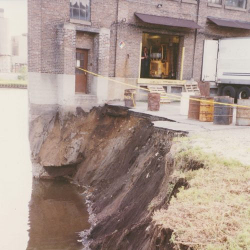 Collapsed canal wall near the old Sprecher Brewery Building