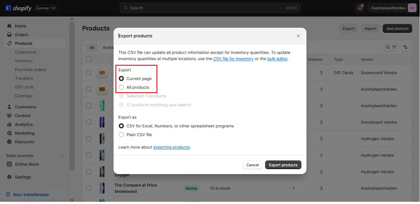 a screenshot showing which products to export