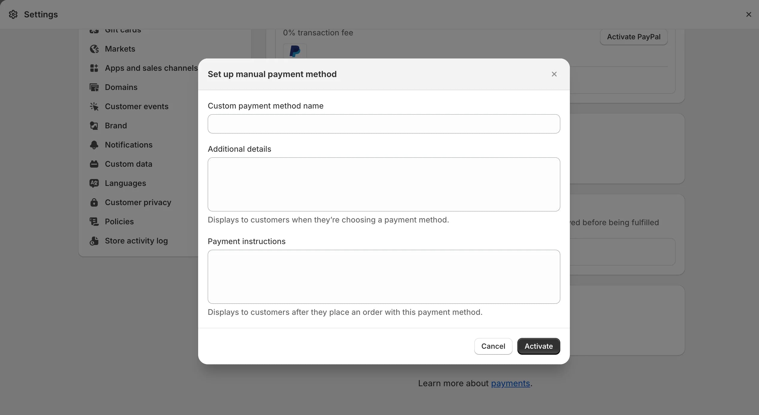 Configure payment method fill out form