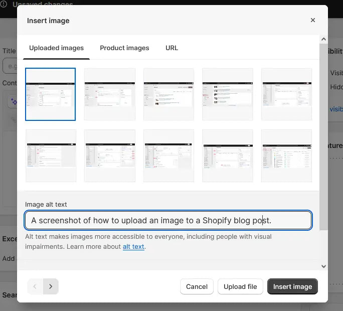 a screenshot of upload an image to a Shopify blog post