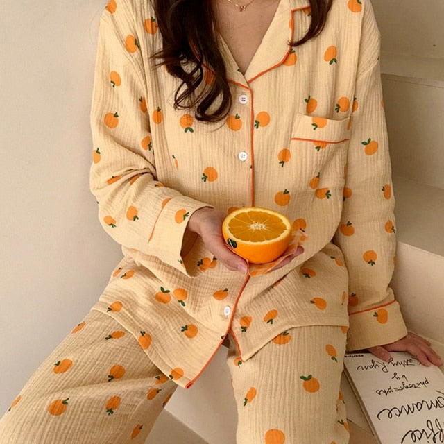 Tangerine Long Cotton Pajama Set – sohwakhaengshop