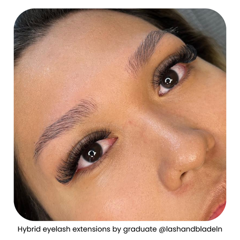 Woman’s eye with hybrid eyelash extensions done by a graduate of IBI’s volume eyelash extensions course