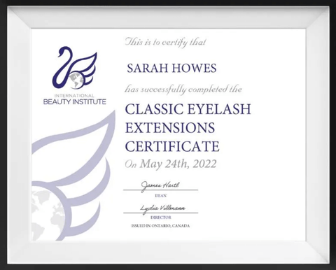 Photo of classic eyelash extension training online certificate from International Beauty Institute