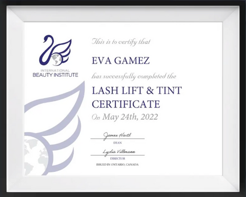 Photo of lash lift course online certificate from International Beauty Institute