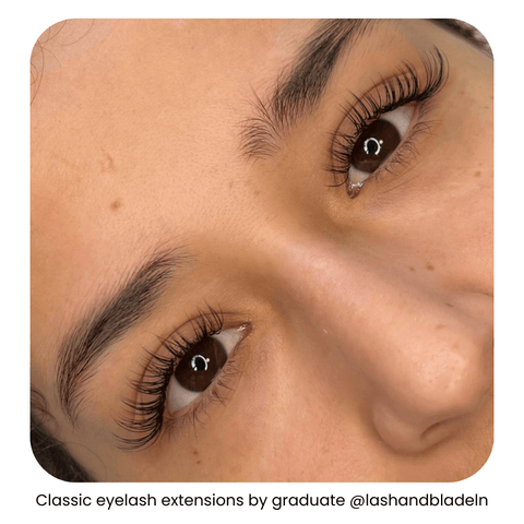 Female client with a classic set done by a graduate of IBI’s classic eyelash extensions training online program