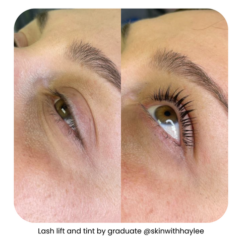 Before and after photo of female client’s eyes with a lash lift done by a graduate of IBI’s lash lift course online