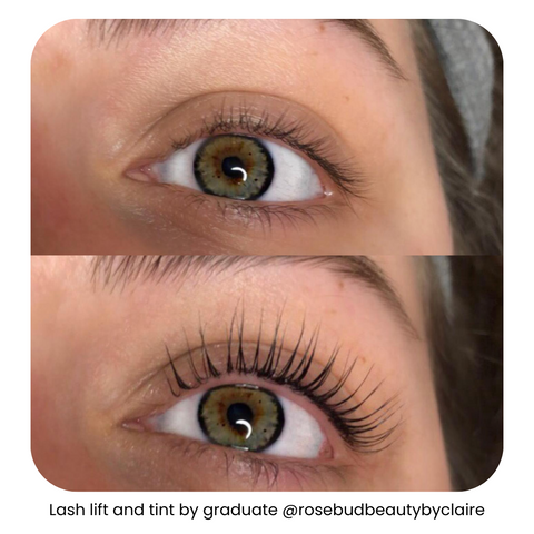 Female client before and after photo of a lash lift done by a graduate of IBI’s lash lift course online