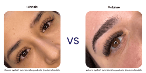 Two side-by-side photos of women with lash extensions. The woman on the left has a classic eyelash extension set. The woman on the right has a volume lash extension set.