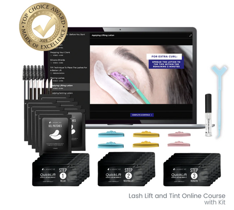 Photo of a kit containing quality products and tools that students can purchase in lash lift course at IBI