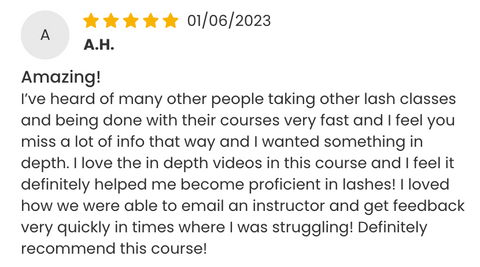 Screenshot of a review from the volume eyelash extensions course