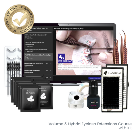 Photo of a volume eyelash extensions course with a professional kit