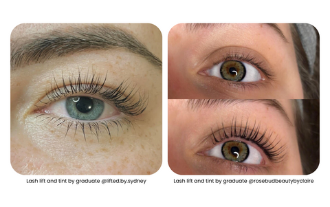student work from lash lift and tint online courses