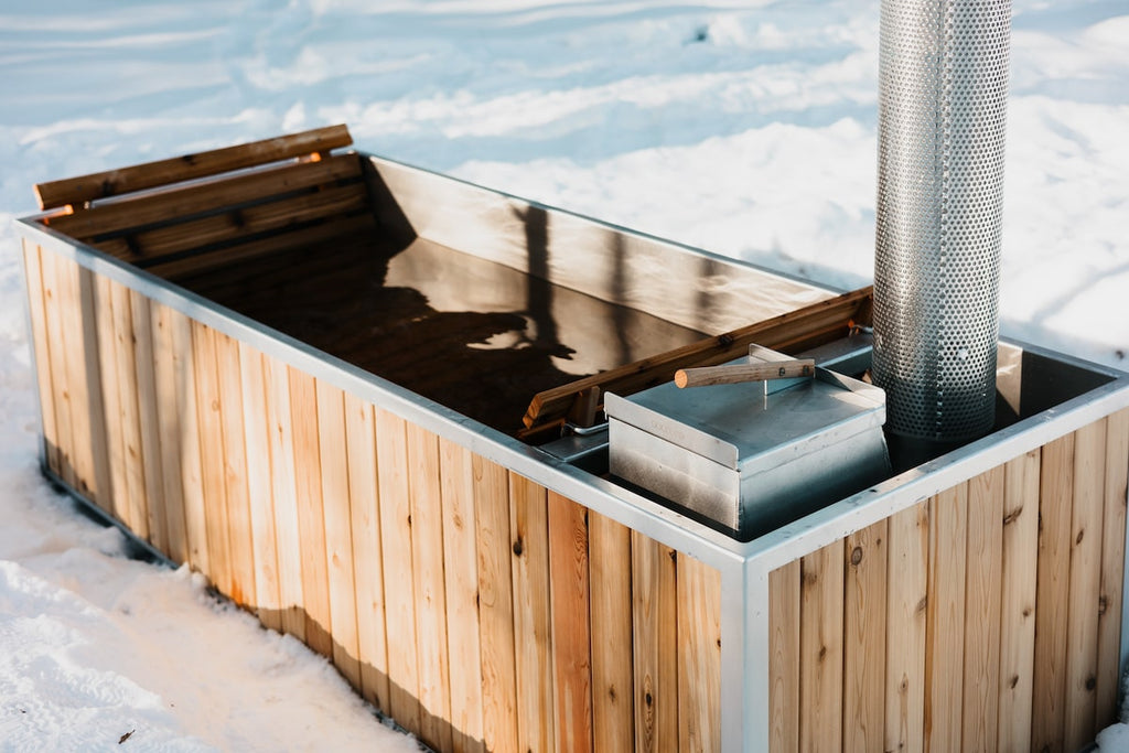 wood fired hot tub in winter