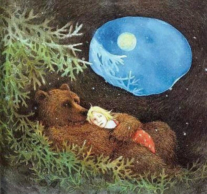 winter solstice - illustration of bear and girl cuddling, looking up at moon