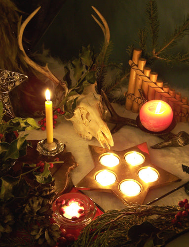 winter altar - animal skull with branches and candles around it