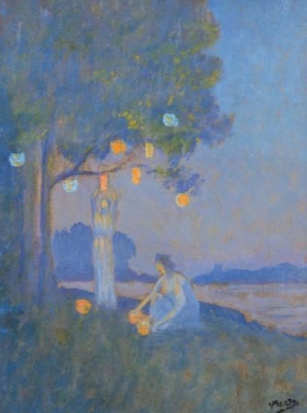 gift to nature - painting of two figures hanging lanterns by a body of water and a tree