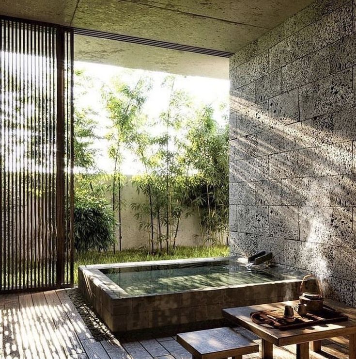 japanese soaking tub partially outdoors