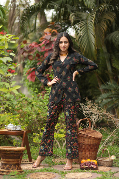 Black Motif Shirt & Flared Kalamkari Pant Co-ord Set