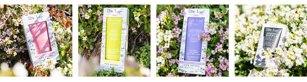 4 images of Dr.Lipp Skincare Products in Packaging in flowers