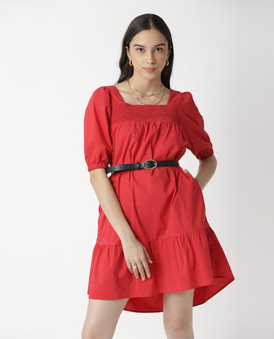 Catchy- plain puffed red short dress