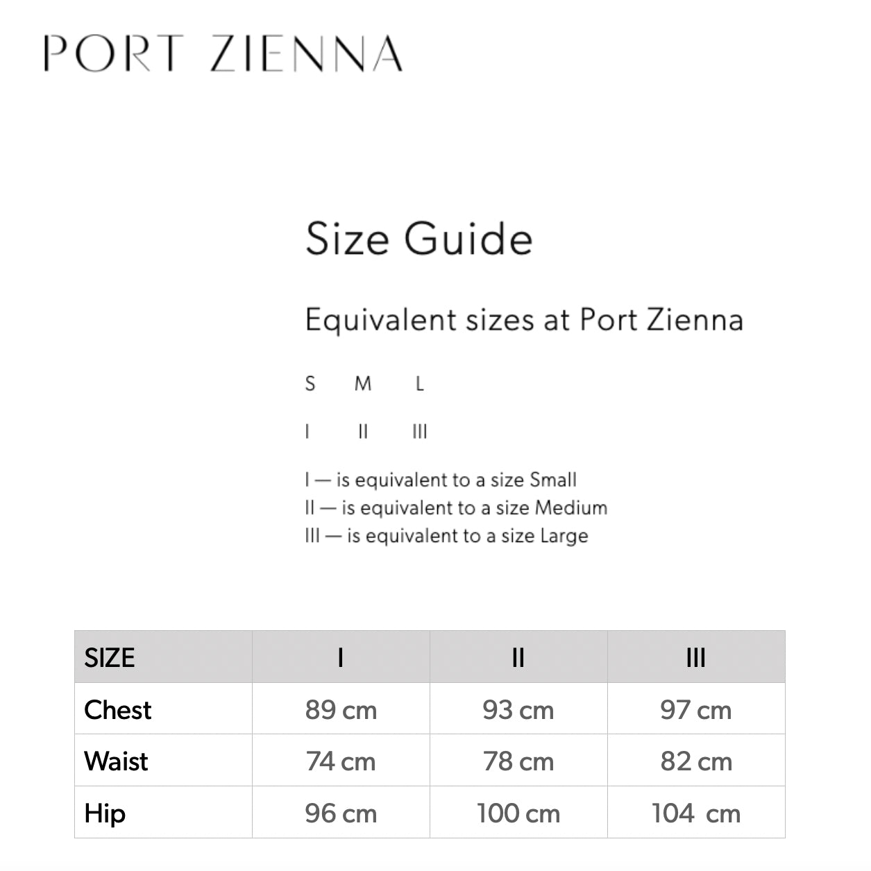 Size Chart Port Zienna