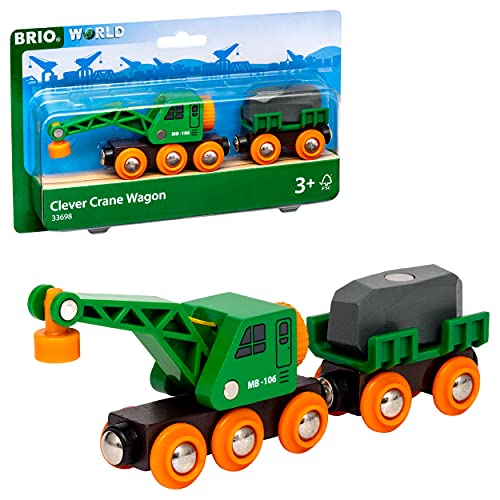 BRIO World - 33698 Clever Crane Wagon Set | 4 Piece Train Accessory and Crane Toy for Kids Ages 3 and Up,Red