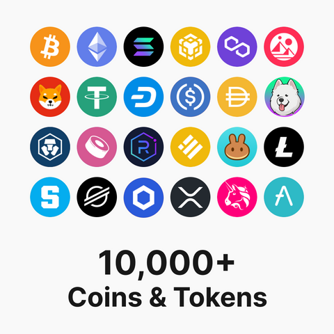 Image of many different crypto coins and token icons on a white background