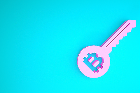 A simplistic 3D illustration of a pink Bitcoin key on a turquoise background, representing cryptocurrency security.