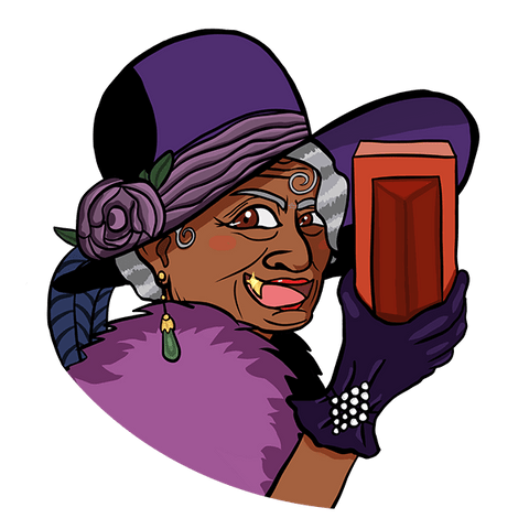 An illustration of Betty "Two Bricks". She is an older woman with grey hair, holding up a brick in one gloved hand. She wears a big purple hat with a pink flower on it and blue feathers that droop down off the hat behind her. She wears a pink fur coat and purple gloves that have pearls on them. She wears a green jade earring. Just her face, turned towards the viewer, her shoulders and her one hand holding the brick are visible. She is grinning towards the viewer with mouth open, a single gold tooth with a shine to it can be seen in the corner of her mouth.