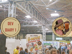 Photo looking over crowds of people walking between stands at the UK Games Expo 2023 in NEC, Birmingham. On top of the image, in the far left (arranged centrally to the image height) is a beige circle. Inside the beige circle are the words 'Dev Diary 1' in red. The edge of the beige circle has a brown outline. Inside the outline is another, smaller brown circle outline. On the right of the image (central to image height) is a beige circle with the Betty Two Bricks logo. The logo is of an older woman with grey hair, holding up a brick in one gloved hand. She wears a big purple hat with a pink flower on it and blue feathers that droop down off the hat behind her. She wears a pink fur coat and purple gloves that have pearls on them. She wears a green jade earring. Just her face, turned towards the viewer, her shoulders and her one hand holding the brick are visible. She is grinning towards the viewer with mouth open, a single gold tooth with a shine to it can be seen in the corner of her mouth. Around Betty are two circle outlines in brown. Between the smaller and larger circles are the words 'Betty Two Bricks' repeated twice and wrapped to follow the circular shapes.