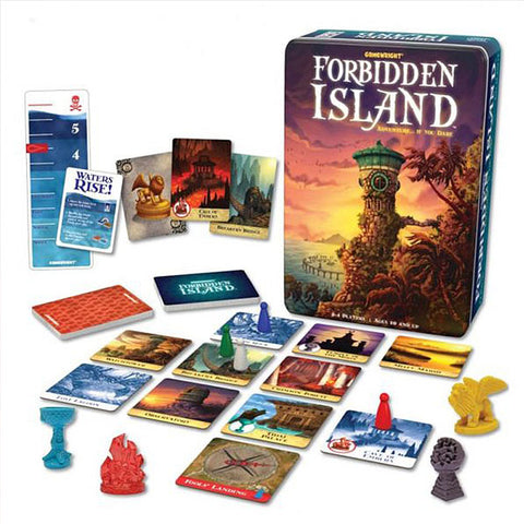 All components including cards, pawns, tiles and treasures in the Forbidden Island boardgame