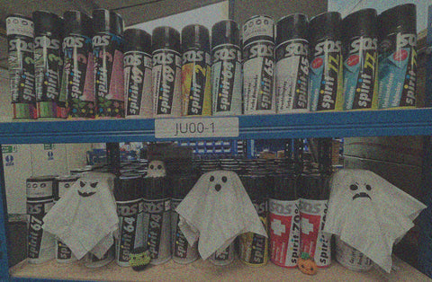 Spirit cans with novelty ghosts in the foreground
