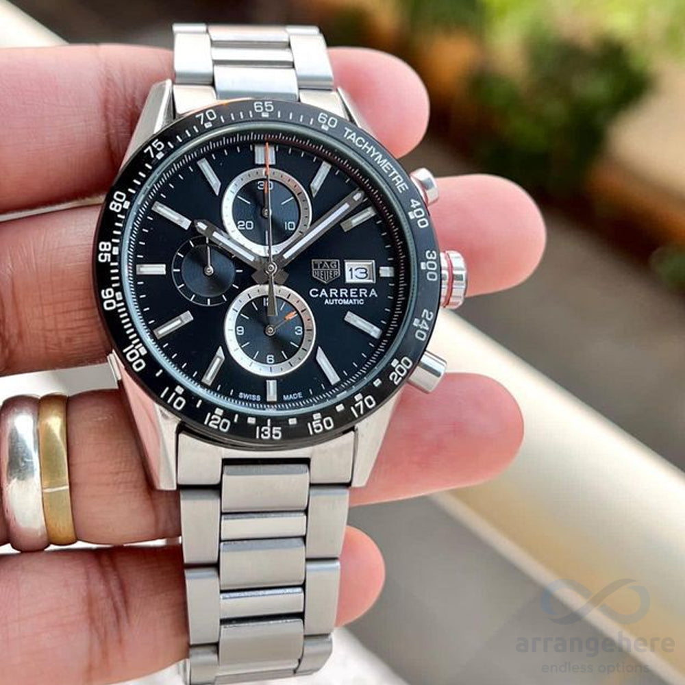 TAG HEUER Carrera Quartz Chronograph Black Dial Silver Strap Watch For –  Arrangehere