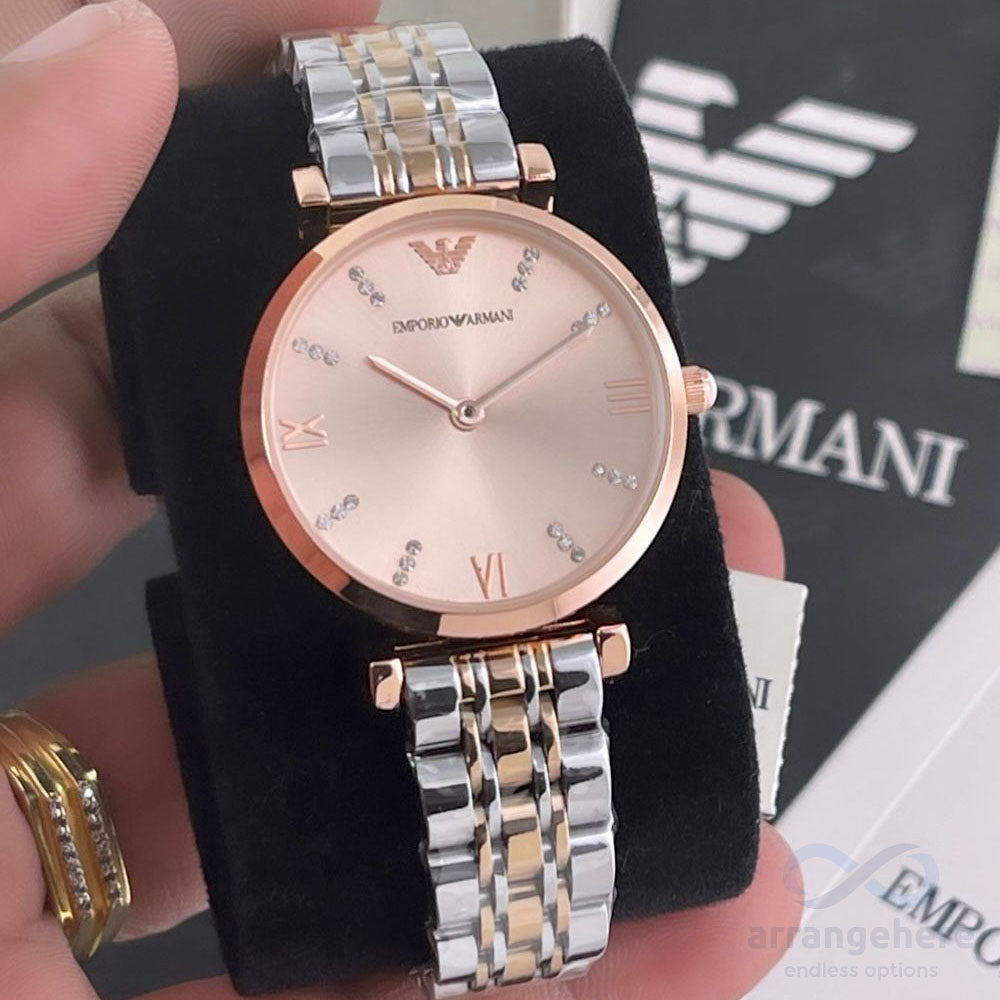 EMPORIO ARMANI Gold Dial & Gold With Silver Steel Strap Watch For Men -  Arrangehere