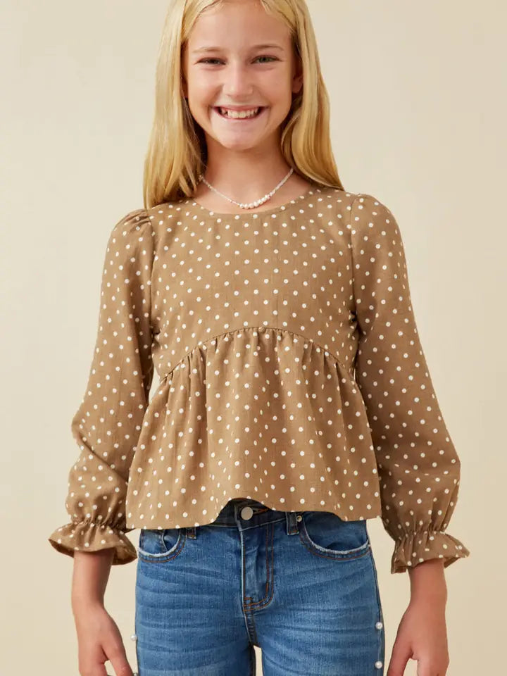 Youth Girls Polka Dot Cinched Cuff Peplum Top