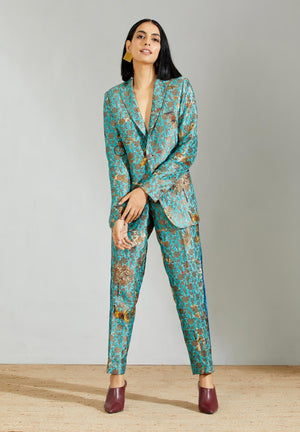 Turquoise Olympians Silk Brocade Rana Blazer