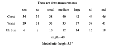 Short shirt Dress size chart