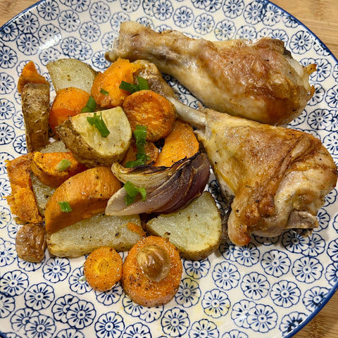 Seasoned chicken drumsticks with oven roast vegies