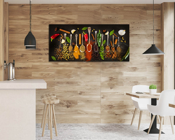 Image shows Paul Holland's Spice Spoons canvas in a kitchen room setting