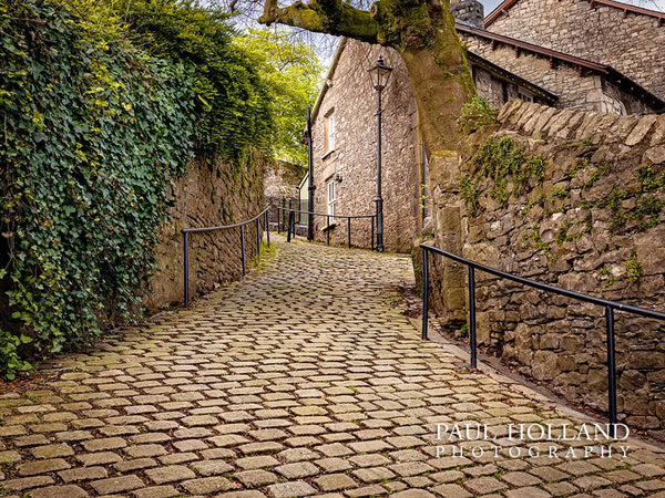 Colour image shows a cobbled lane ascending