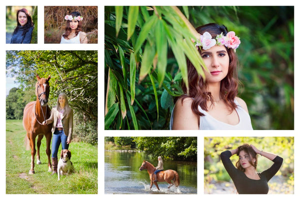 Collage of outdoor portraits including horse and dog