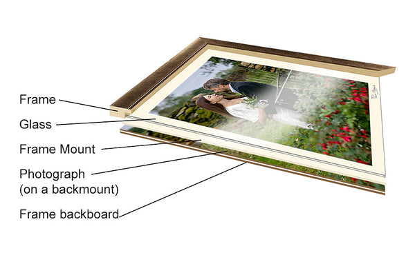 Image shows the components of a photograph mounted in a frame