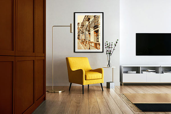 Image shows one of Paul Holland's graphic art prints in a room setting