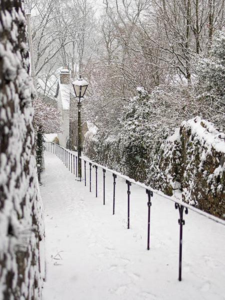 Image of a snow covered walkway sloping down with metal handrail and a vintage lamp post